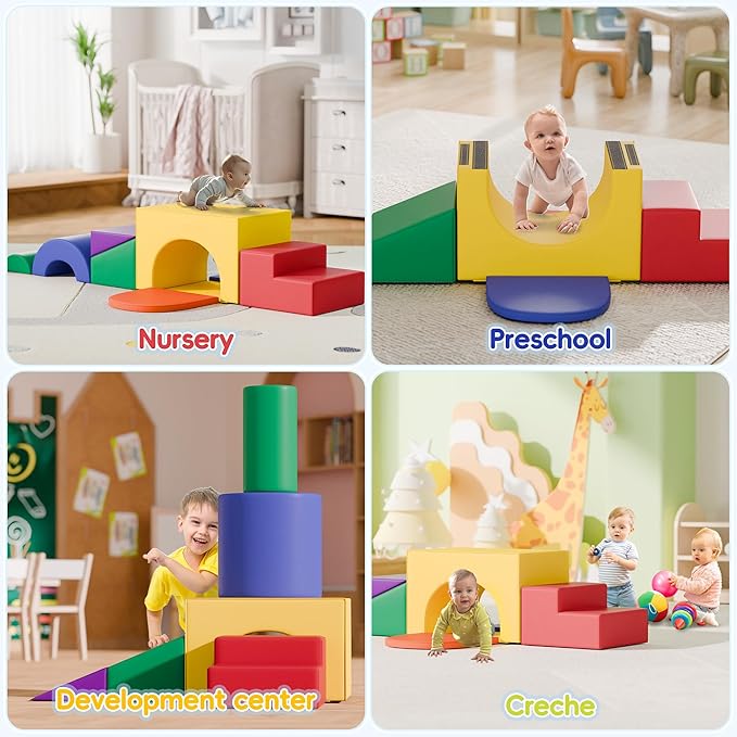 TOLEAD Soft Foam Climbing Blocks Set – Large 5-in-1 Soft Play Toys Crawling & Sliding Climbing Arch for Toddlers, Foam Playset for Nursery,Preschool (Classic American Color)