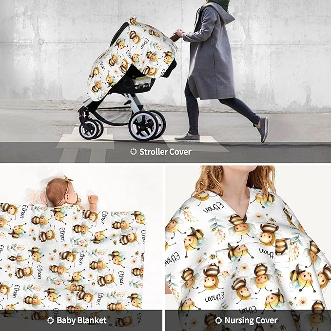 Personalized Winter Carseat Cover for Baby Custom Name Car Seat Canopy for Newborn Baby Boys Girls 2 in 1 Mom Nursing Breastfeeding Covers Bee Minky Baby Carrier Stroller Covers