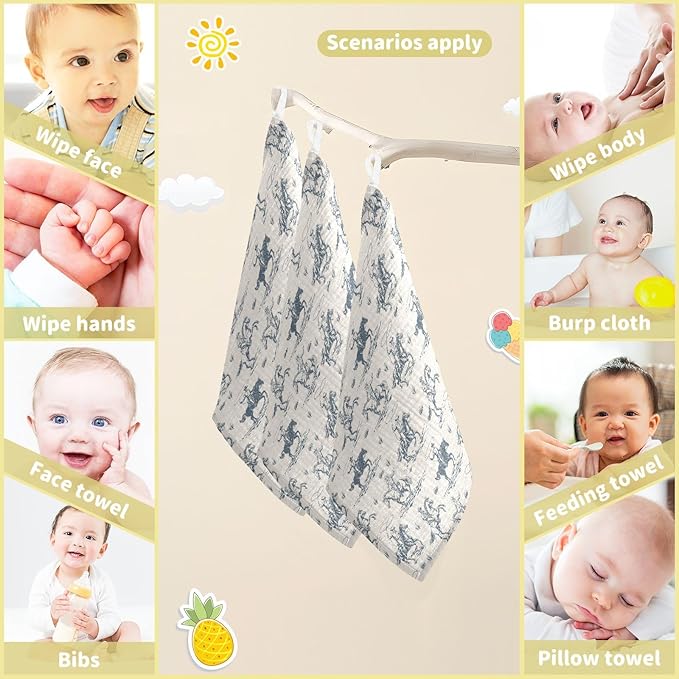 Newborn Face Towel Western Cowboy Soft Cotton Baby Washcloths 11.8 x 11.8 Inch Infants Girls Boys Muslin Burp Cloths 5 Pack