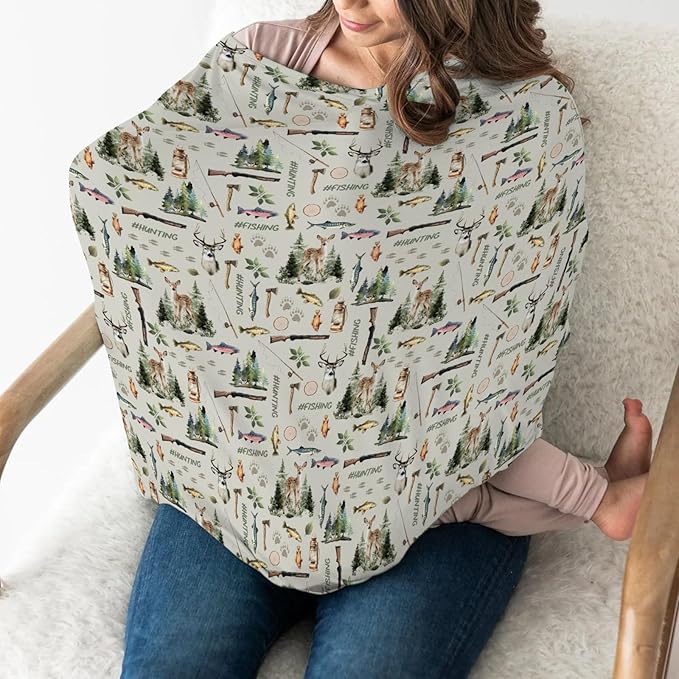 Fishing Hunting Car Seat Cover for Babies Bass Fish Deer Paws Green Forest Stretchy 5-in-1 Cover Adjustable Car Canopy Breastfeeding Cover Nature Hunting Animals Breathable Nursing Cover-Up
