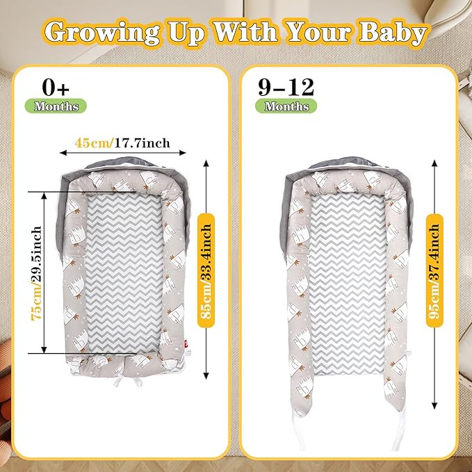Baby Lounger for Newborn-Portable Baby Lounger 0-24 Months for Home and Travel,Newborn Loungers with Strap, Baby Nest Lounger Adjustable Size,Little Elephant Grey