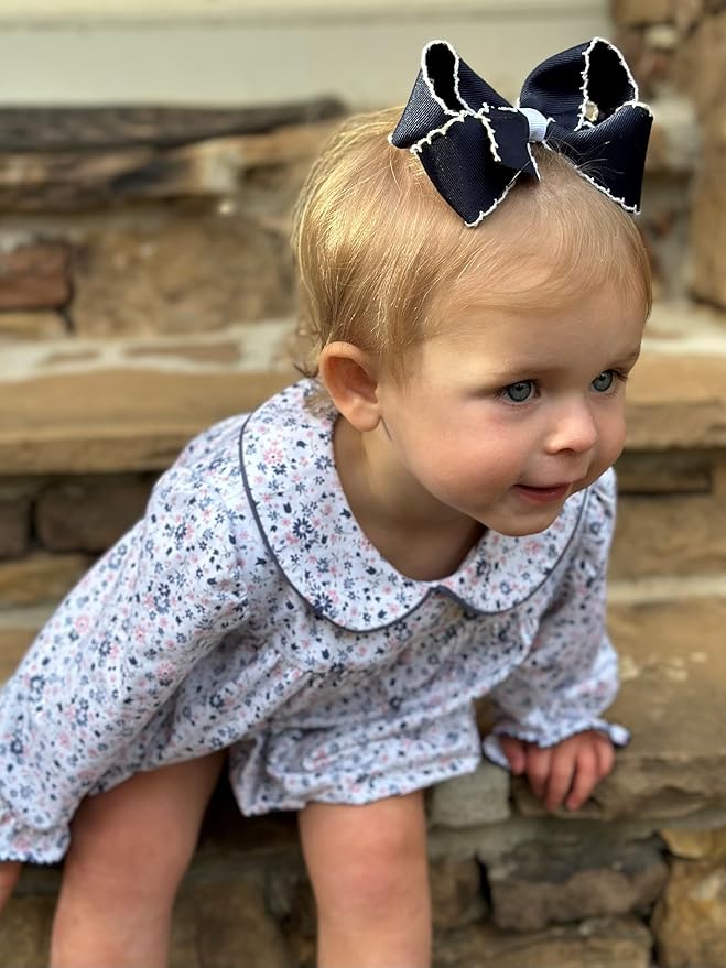 Wee Ones Girls' Classic Grosgrain Moonstitch Edge Hair Bow, No-Slip Hair Clip, Handmade, Navy with White, Medium