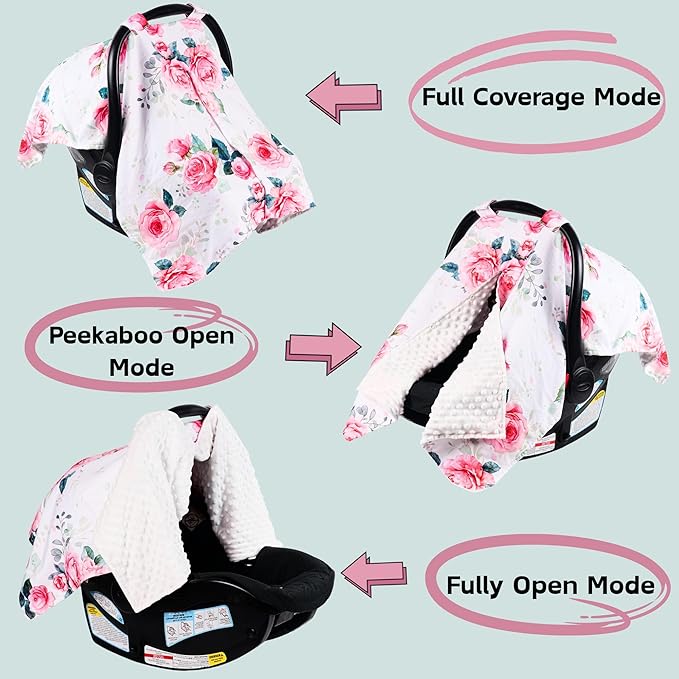 Baby Car Seat Cover,Carseat Covers Baby Girl, Multi-Use Minky Infant Canopy for Babies,Minky Infant Car Seat Cover Winter,Ultra-Soft Nursing & Stroller Cover,Pink Rose