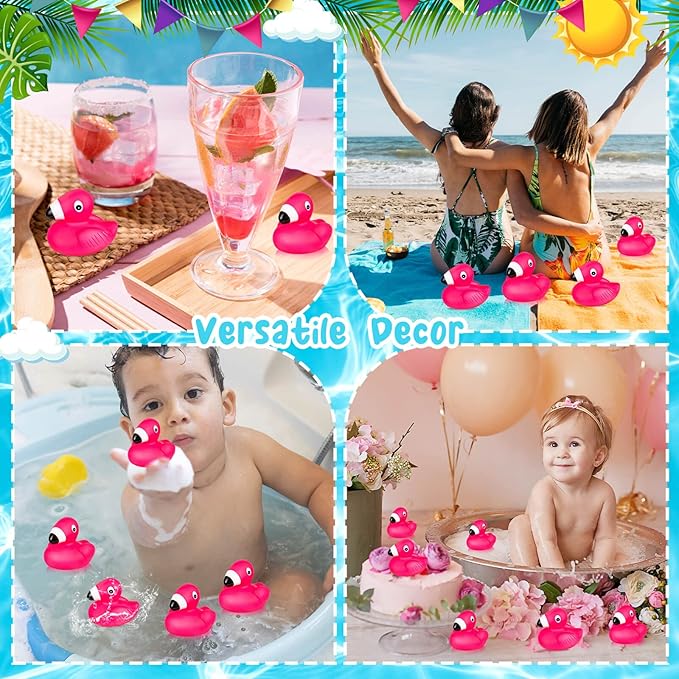 Flamingo Rubber Duckies for Kids, 24PCS Pink Flamingo Duck Bath Toys Cute Floating Squeaky Mini Rubber Ducks for Baby Shower, Cake Decoration, Classroom Carnival Prizes