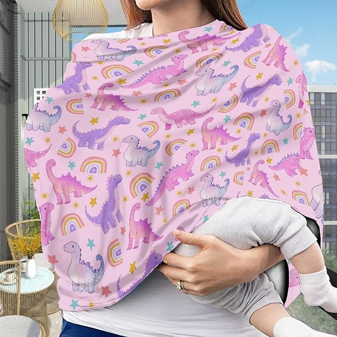 GIFTPUZZ Rainbow Dinosaur Car Seat Cover for Babies, Soft Breathable Infant Nursing Cover, Blocks Sunlight Carseat Canopy, Shopping Cart/High Chair/Stroller Covers for Mom Gifts, All Weather