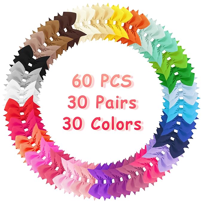 Hair Bows for Girls, 60PCS 2" Fully Lined Alligator Hair Clips, Toddler Hair Accessories (30 Colors in Pairs)