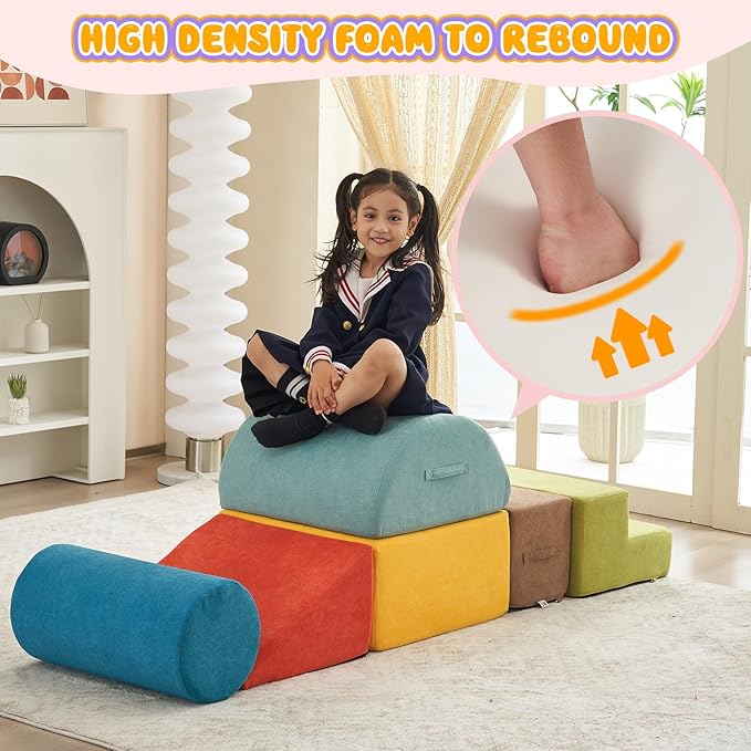 jela Kids Foam Climbing Blocks 6Pcs Soft Play Equipment Miss Fabric, Toddler Climbing Toys Indoor Soft Play Climbing Set, Lightweight Climbing Blocks for Toddlers, Crawling Foam Playset (Colorful)