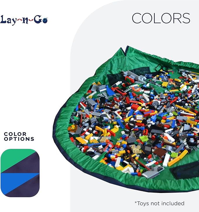 Lay-n-Go Layflat Portable Drawstring Cinch Storage Toy & Mini Figures Organizer & Play Mat, Mesh Pockets, Home & Travel, Kids & Toddlers Playdates, 2 Straps for Backpack, Durable, Machine Washable