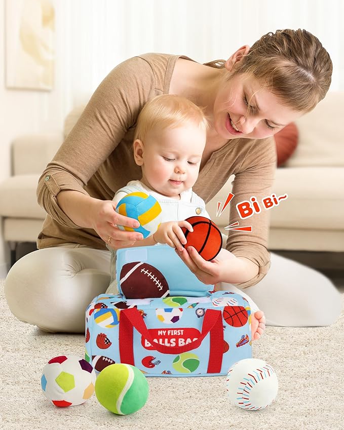 Vanmor Sensory Sports Balls for Babies 6-12M+, 6 Pack Machine Washable Plush Ball Set with Crinkle, Rattles, Squeaky Sounds, Toddler Learning Toys with Travel Bag, Baby Shower Birthday for Newborn
