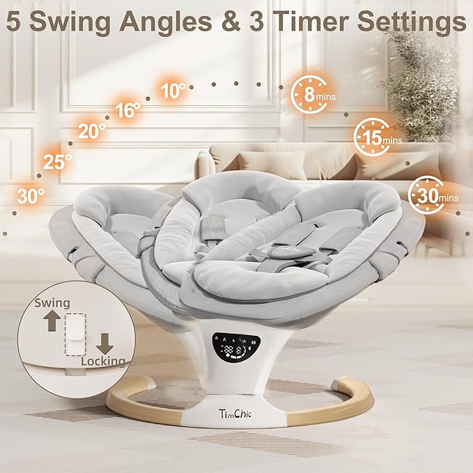 Baby Swings for Infants, Portable Infant Swing with 5-Speeds, 3-Adjustable Height, 3 Timer & 12 Lullabies, Mutil-Function Electric Swing for Baby, Indoor & Outdoor Use (Gray)