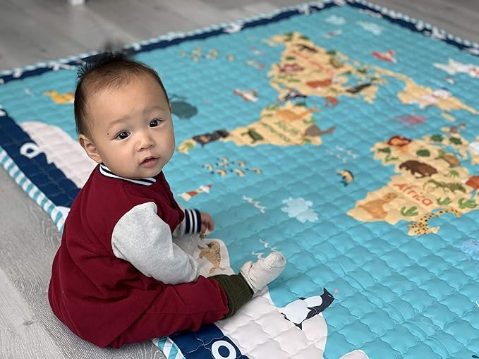 Moiré World Animal Map Learning Baby Play Mat Extra Large 76 in. x 58 Padded Crawling Carpet for Babies