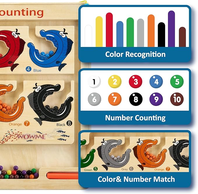 Matching and Counting Wooden Toy - Colorful Fish Design Magnetic Maze for Kids Ages 3-5,Montessori Color Sorting Puzzles Game for Kid