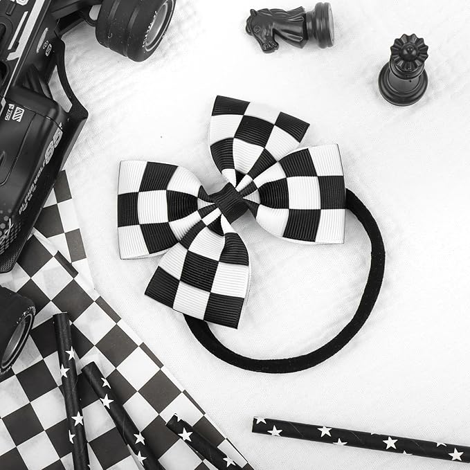 Black Hair Bows for Girls Racing Checkered Baby Bow Checkered Flag White Bow Elastic Nylon Headband for Infant Toddler Newborn Hair Accessories Gift
