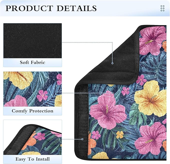 Colorful Tropical Flowers Blue Leaves Seat Belt Cover Pack of 2 Safety Belt Cushion Cute Shoulder Pads Cushion for Car Bag