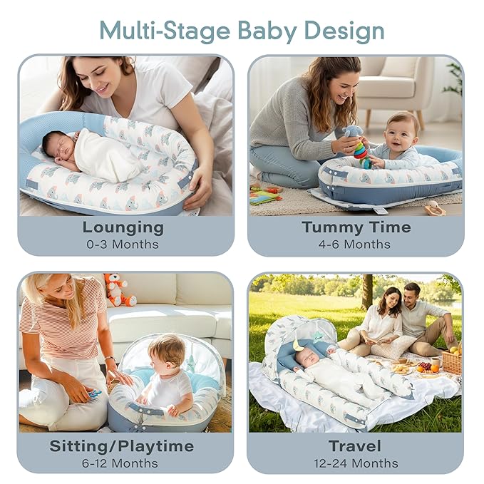 JollyBoo® Deluxe Infant Lounger Pillow - Baby Lounger 0-24 Months | Bamboo-Cotton Portable Baby Nest with Foldable Sunshade & 2 Plush Toys | Soft, Breathable Mesh for Cool, Safe Rest (Blue Elephant)