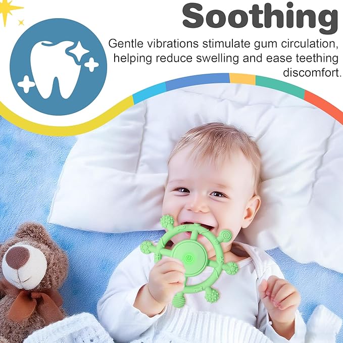 YOFUN 3-Speed Vibrating Baby Teether – Soothing Silicone Teething Toy for Infants 3M+, Food-Grade, USB Rechargeable – Soft & Safe Gum Relief for Babies (Green)