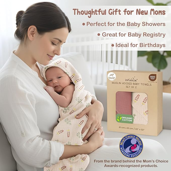 100% Organic Cotton Muslin Baby Hooded Towels 32x32 Inch – 2 Pack Soft & Absorbent Baby Hooded Towel Wrap for Boys & Girls, Premium Hooded Towels, Gentle Baby Essentials in Deep Olive/Ivory