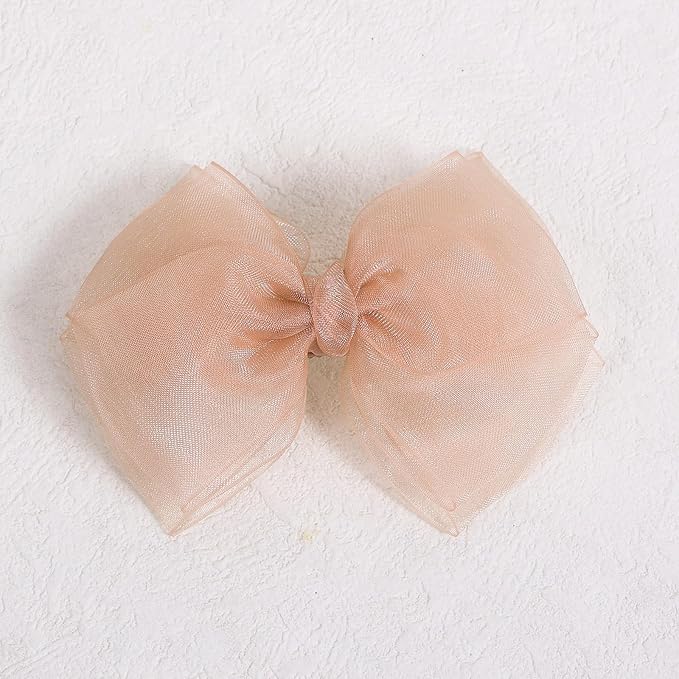 Korean Pink Mesh Hair Bow Clips 4" for Toddler Girls Organza Double Tulle Bow-Knot Alligator Barrettes Summer Wedding Pageant First Communion Party Dress Decor Accessory Birthday Valentines Gift