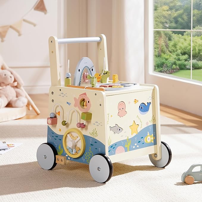 Wooden Baby Walker Push Toy for Toddlers 10M+ | Adjustable Height & Speed Control | Montessori Activity Center with Fishing Game, Music, Storage | Ocean World Theme Learning Walking Toy
