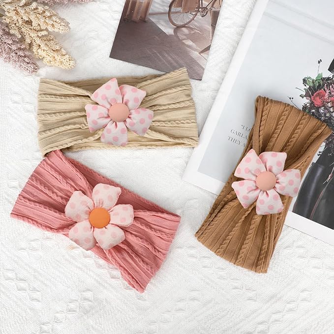 MIUXUESO 3 Pcs Baby Flower Headbands Baby Girls Nylon Headband Soft Hairbands Hair Accessories for Newborn Infant Toddler Kids (Khaki Brown Pink)