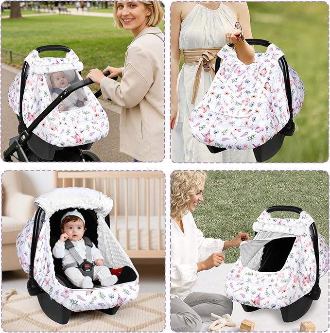 Baby Car Seat Cover, Pea Pod Universal Infant Car Seat Cover with Sunshade & Mesh Windows - Breathable Minky Lined Canopy Cover for Stroller- Soft Butterfly Carseat cover for Newborns