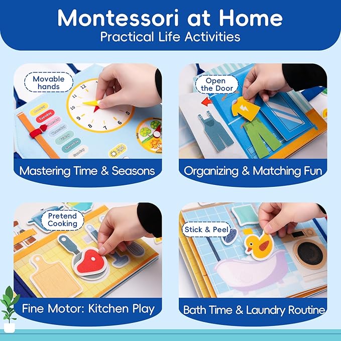 Busy Book for Toddlers - Montessori Sensory Toys for Boys & Girls Preschool Learning, 8-Page Felt Quiet Activity Board for Fine Motor Skills, Travel Toys for Airplane Car Games (House Theme)