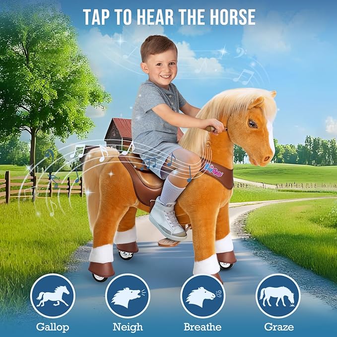 PonyCycle Ride on Horse Pony Toys Size 4 Plush Mechanical Advanced Model Y with Brake Riding Horse for Kids Ages 4-7, Birthday Gift for Boys and Girls Light Brown Y471