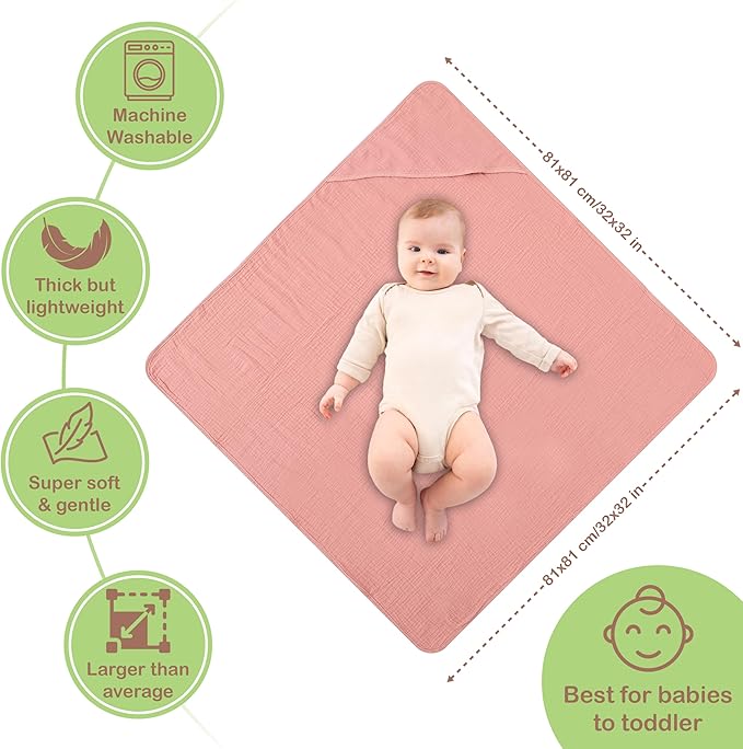 100% Organic Cotton Muslin Baby Hooded Towels 32x32 Inch – 2 Pack Soft & Absorbent Baby Towels for Newborn for Boys & Girls, Premium Hooded Towels, Ultra-Gentle Baby Essentials in Rose/Peach