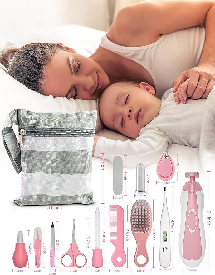 OTTOLIVES Baby Healthcare and Grooming Kit, 24 in 1 Baby Electric Nail Trimmer Set Newborn Nursery Health Care Set for Newborn Infant Toddlers Baby Boys Girls Kids Haircut Tools (0-3 Years+) (Pink)