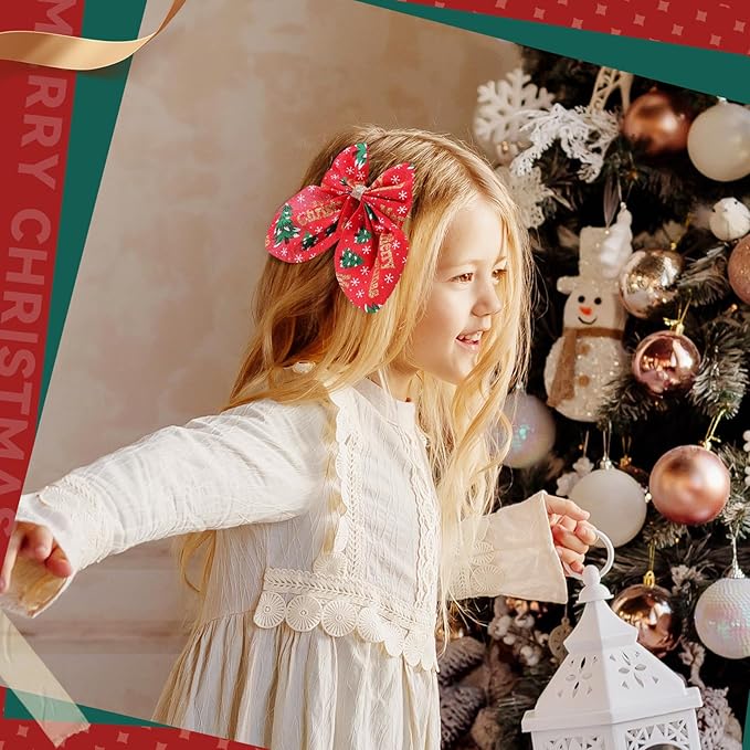 CN 7PCS Christmas Hair Bows for Girls Red Toddler Bows Clips with Christmas Tree Santa Claus Snowman Pattern Xmas Hair Accessories for Kids Party Decorations