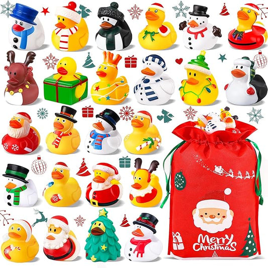 ANGGIKO 24 Pack Christmas Rubber Ducks in Bulk with Bag, Christmas Ducks for Ducking, Christmas Goodie Bag Stuffers, Baby Birthday Gifts Party Favors Bath Toys for Toddlers
