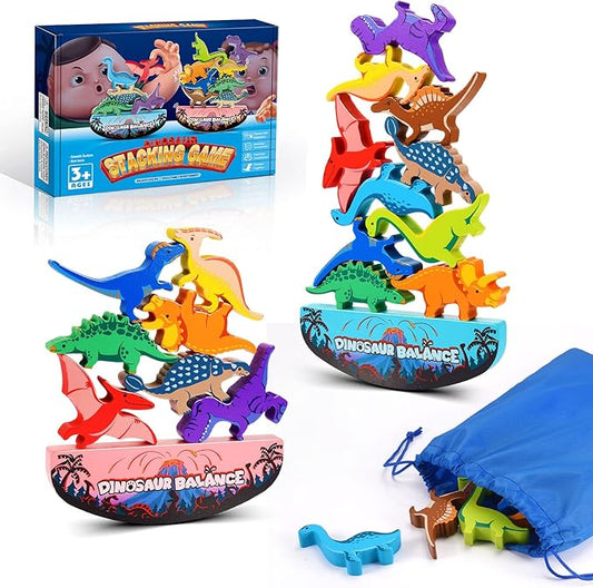 IPOURUP Dinosaur Toys for Kids 3-5: Wooden Stacking Montessori Toys for 3 4 5 6 7 Year Old Balance Competition Game for Family Ideal Christmas Birthday Gifts for Kids Ages 3-7 (Double Version)