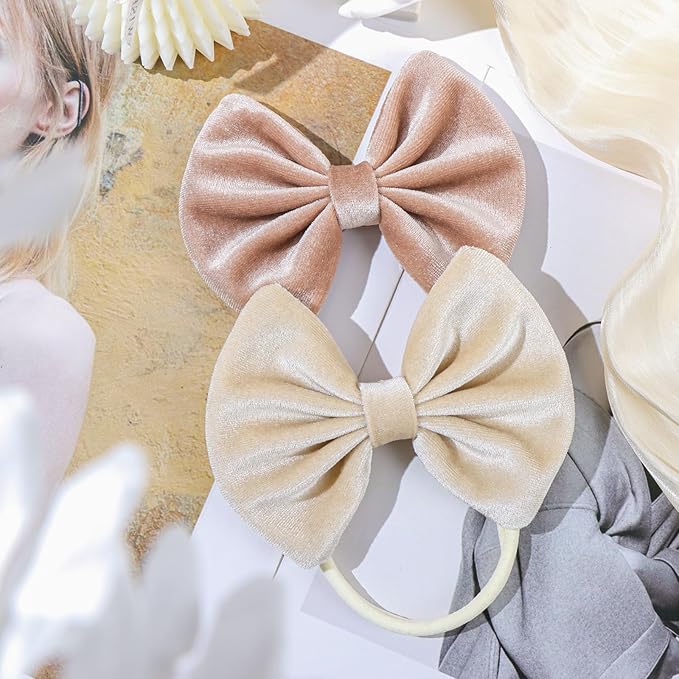 Velvet Baby Bows Headbands Solid Elastic Baby Girl Hair Bows Handmade Newborn Hair Band Bows Infant Toddlers Kids Hair Accessories 3 Pcs Beige Khaki Black