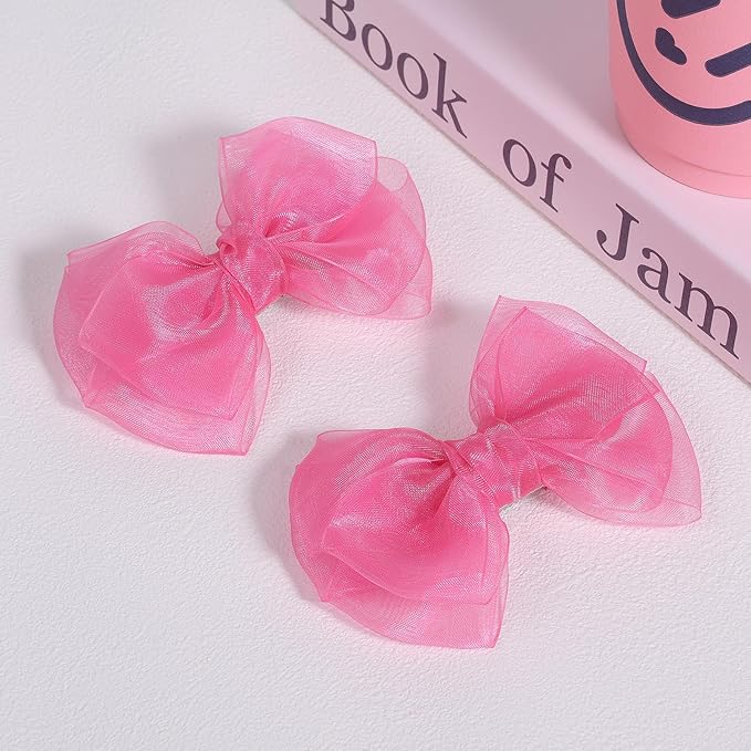 Hot Pink Mesh Hair Bow Clips 4" Organza Double Tulle Bow Barrettes Alligator Hair Pins Boutique Birthday Party Dress outfit Decor Accessories Valentines Xmas Gift for Teens Toddler Girls Kids
