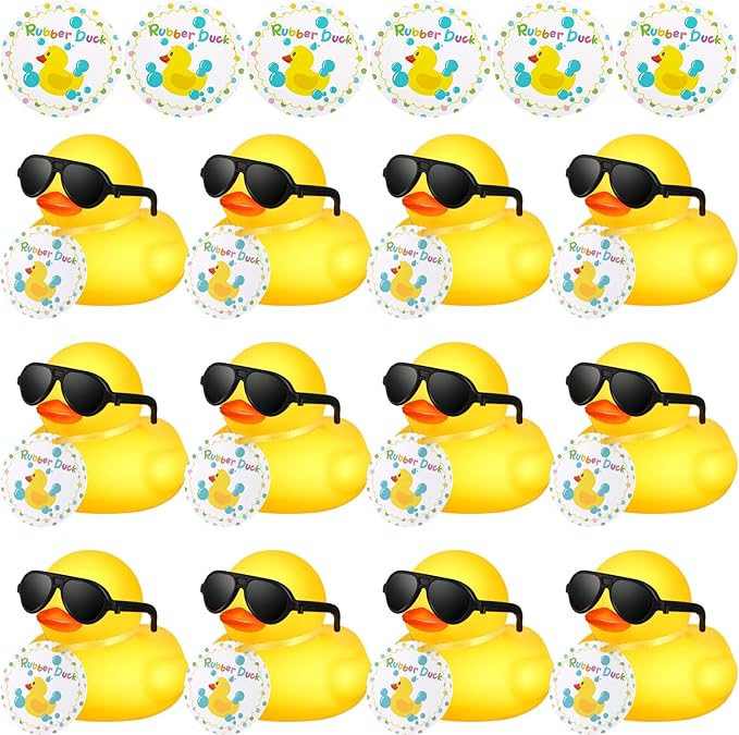 Chivao 12 Pcs Mini Rubber Ducks with Sunglasses/ Glasses and Hats/ Necklace, Cruise Rubber Ducks in Bulk Valentine Gift Small Bathtub Toy for Hiding Party Favor(Card Style,Yellow)