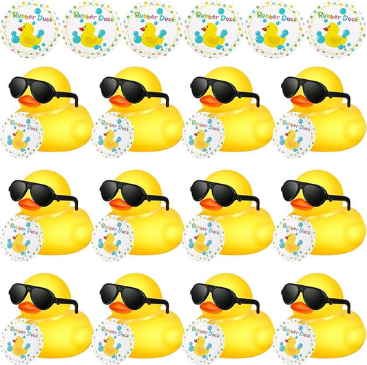 Chivao 12 Pcs Mini Rubber Ducks with Sunglasses/ Glasses and Hats/ Necklace, Cruise Rubber Ducks in Bulk Valentine Gift Small Bathtub Toy for Hiding Party Favor(Card Style,Yellow)