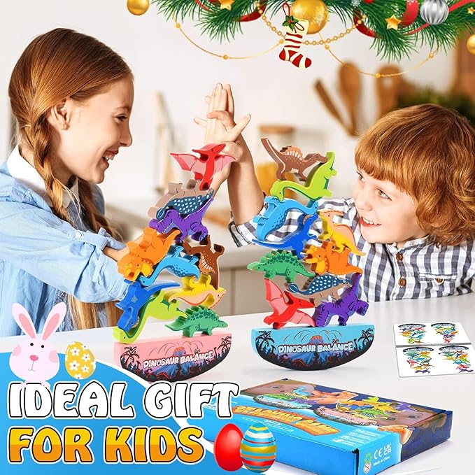IPOURUP Dinosaur Toys for Kids 3-5: Wooden Stacking Montessori Toys for 3 4 5 6 7 Year Old Balance Competition Game for Family Ideal Christmas Birthday Gifts for Kids Ages 3-7 (Double Version)