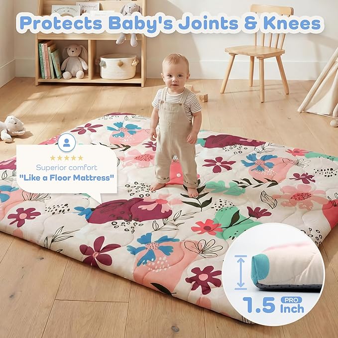 1.5" Thicker Baby Play Mat for Floor, 59x71 Removable & Machine Washable Cover Playpen Mat Softness Foam Mats, Easy-Clean Hygienic, Comfort Safety Kids Crawling Living Room (Floral)