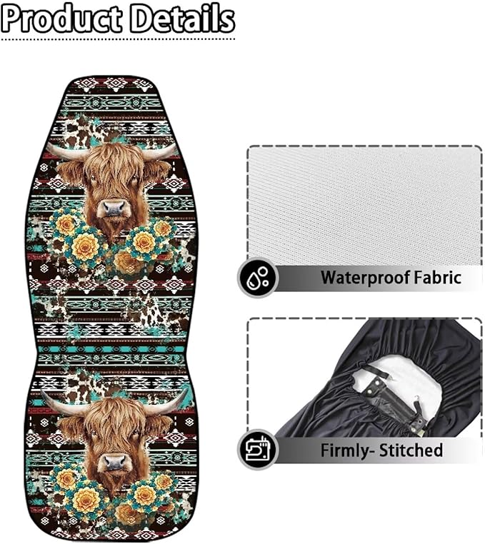 Ethnic Highland Cow Car Seat Covers Waterproof Front Seat Covers Automobile Front Seat Covers Easy to Install Car Interior Automotive Universal Fit Most Cars