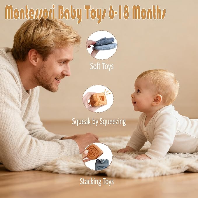 3 in 1 Baby Toys Bundle,Soft Stacking Building Blocks,Teething Ring & Sensory Balls for Newborn to 18 Months| Soft Textured Design,Perfect for Sensory Development, Motor Skills (Family Edition)