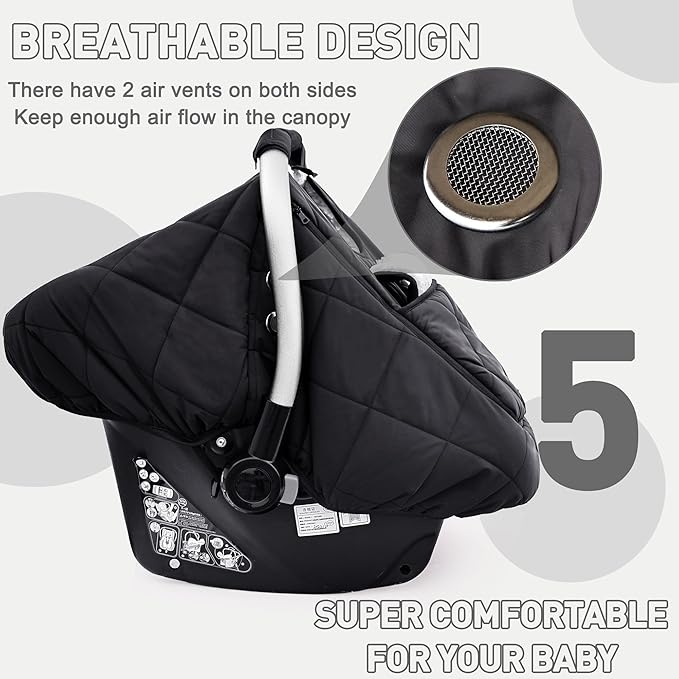 beatoutou Winter Baby Car Seat Cover, Beatoutou Waterproof Winter Infant Carseat Canopy for Boys Girls, Cold Weather Warm Car Seat Covers for Babies, Keeps Babies Warm and Cozy (Black)