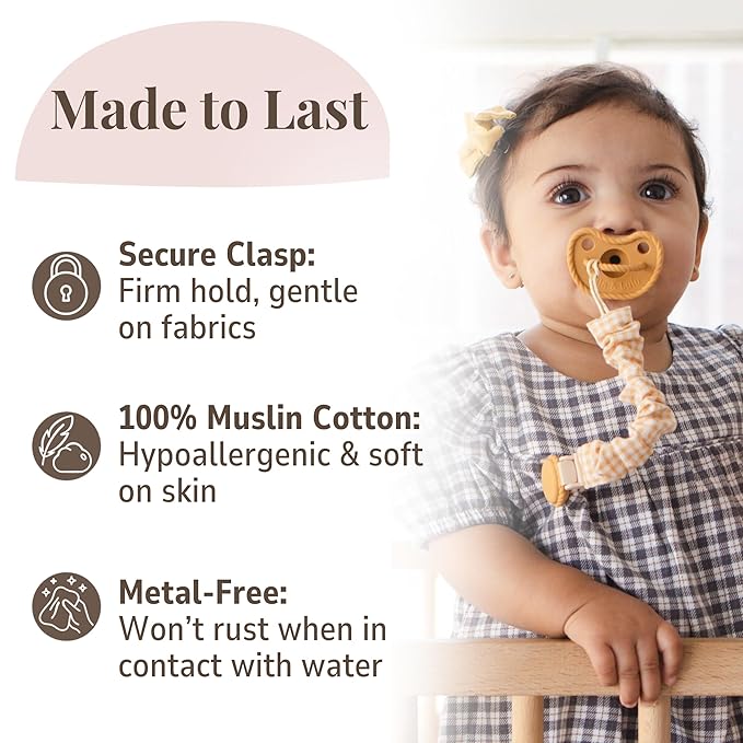 Muslin Cotton - Metal-Free Pacifier Clips, Lightweight and Secure Pacifier Holder for Babies (Sun Éclat) - Mila & Lulu