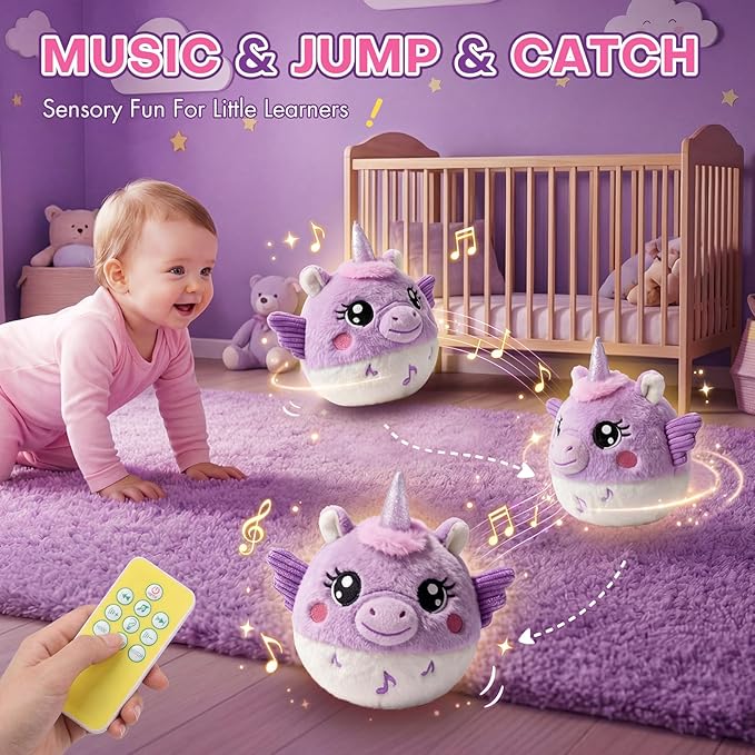Unicorn Tummy Time Toys for Baby Girl 6-12 Months, Interactive Baby Musical Toys with Remote Control, Volume Adjustable & Mute, 20 Songs, Record & Repeat, Musical Baby Crawling Toys for Infants