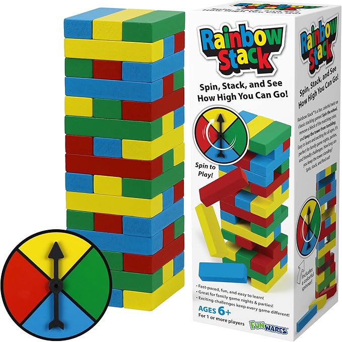Funwares Rainbow Stack Wooden Blocks Stacking Game, Tumbling Tower & Balance Game, Family & Party Fun, Ages 6+, Color Spinner-Based Twist on Classic Stacking Games
