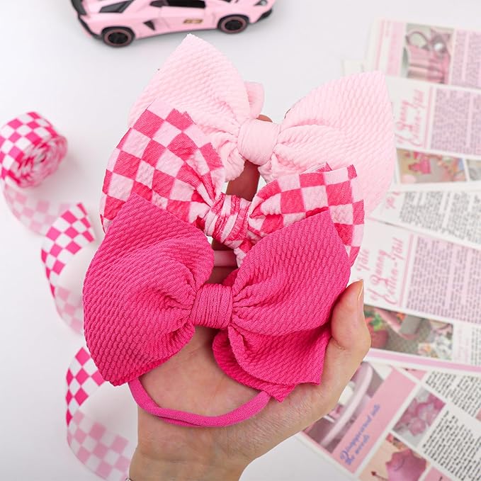 YanJie 3PCS 4.5’’ Checkered Bows for Baby Girls Headbands Hot Pink Headband Pink Hair Accessories for Girls Newborn Girl Clothes Baby Girl Outfits