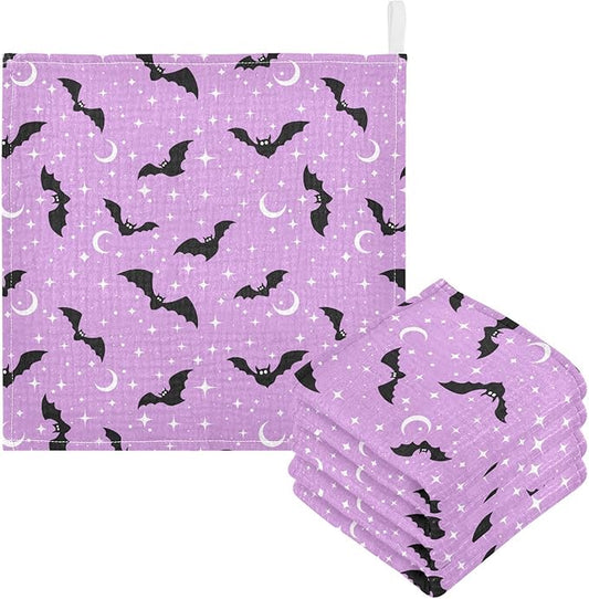 Halloween Bats Moons Baby Washcloths Newborn Muslin Burp Cloths 3 Pack Soft Cotton Baby Face Bath Towel Drool Bibs for Infants, Girls and Boys 11.8 x 11.8 Inch