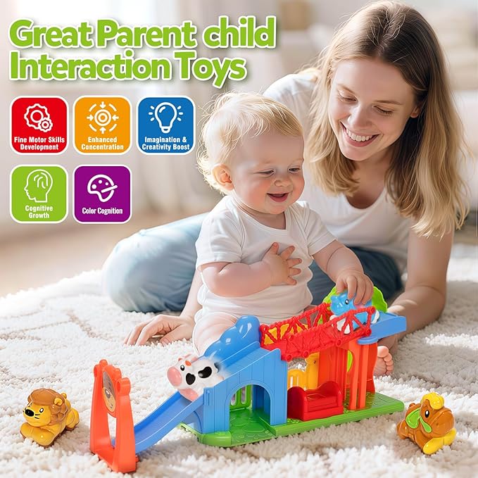 BAYSING Toys for Toddler 1, 2, 3 Year Old Boy and Girl, Zoo Animal Slide Playset with 4 Animal Cars, Open-Ended Interactive Toy for Cultivate Imagination, Gifts for 12-18+ Months Kids