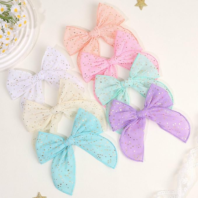 TOKUFAGU 7PCS Hair Bows for Girls, Tulle Stars Hairs Barrettes Colorful Alligator Clips Wedding Hair Accessories for Girls Infants Toddler Teens Women Party