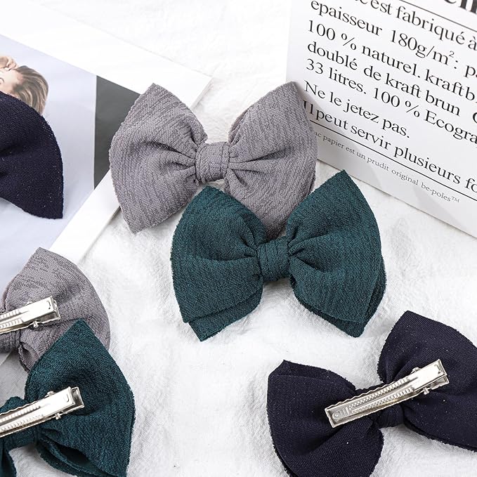 Baby Girls Hair 3'' Bows Clips Set Handmade Bow Hair Clips Hair Accessories Alligator Clip for Babies Infant Toddlers Little Kids 6 PCS Navy Blue Dark Green Gray