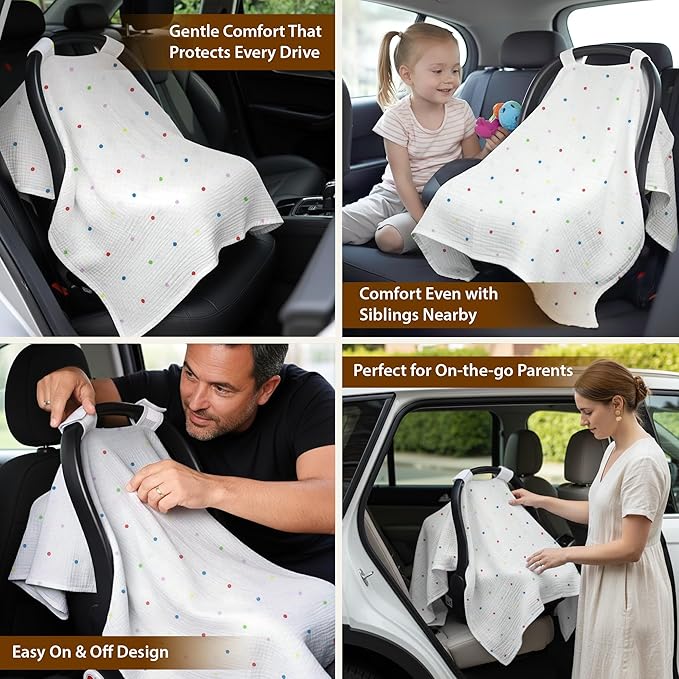 100% Organic Muslin Cotton Car Seat Cover 35 x 50 Inches Soft Touch Breathable Canopy, Protective Car Seat Cover Baby All Seasons Lightweight Car Seat Cover Travel Comfort (Multi-Color Dots)